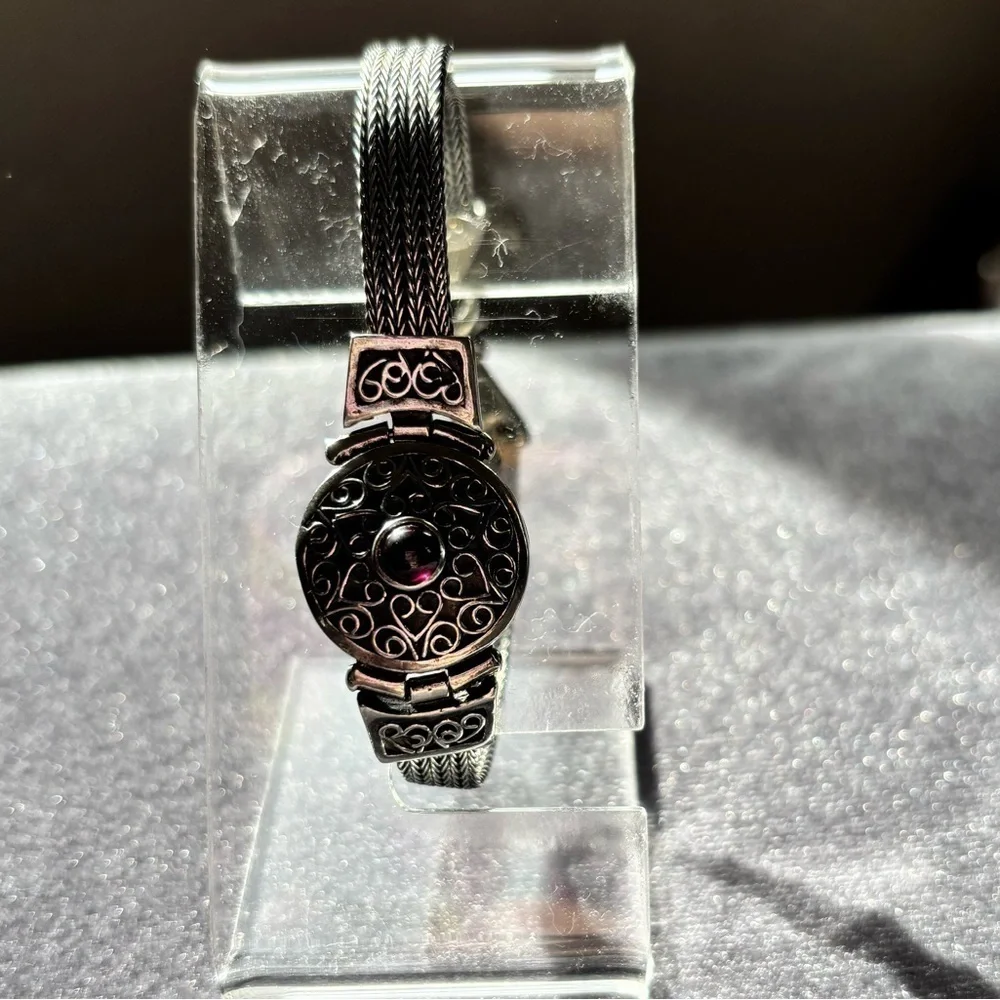Vintage Sterling Silver 925 Filigree Heart Bracelet Red Garnet Gothic Boho